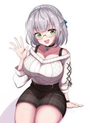 Rule 34 | 1girl, bare shoulders, blush, bra strap, braid, breasts, choker, collarbone, cowboy shot, cross-laced clothes, cross-laced sleeves, crown braid, glasses, green eyes, hashira 14, highres, hololive, invisible chair, large breasts, looking at viewer, medium hair, miniskirt, off-shoulder sweater, off shoulder, open mouth, pencil skirt, plaid, plaid skirt, ribbed sweater, shirogane noel, shirogane noel (casual), silver hair, sitting, skirt, smile, sweater, sweater tucked in, virtual youtuber, watch, waving, white sweater