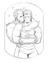 Rule 34 | 2boys, abs, bara, beard, birthday, birthday cake, blush, cake, commission, commissioner upload, cowboy shot, facial hair, fate/grand order, fate (series), food, framed, greyscale, heart, helbai, highres, hug, hug from behind, iskandar (fate), kiss, kissing cheek, long sideburns, male focus, monochrome, multiple boys, muscular, napoleon bonaparte (fate), one eye closed, pectorals, second-party source, sideburns, sketch, standing, star (symbol), tank top, upper body, white background, yaoi