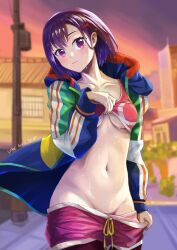 Rule 34 | 1girl, absurdres, blue jacket, blurry, blurry background, breasts, clothes lift, clothes pull, collarbone, commentary, english commentary, gokuartz, green jacket, groin, hair ornament, hairclip, head tilt, highres, jacket, large breasts, leggings under shorts, lifted by self, looking at viewer, medium breasts, mikazuki shizuka, multicolored clothes, multicolored jacket, navel, outdoors, pink shorts, pink sports bra, purple eyes, purple hair, red jacket, short hair, short shorts, shorts, shorts pull, solo, sports bra, sports bra lift, sportswear, stomach, sweat, town, white jacket, yellow jacket, zom 100: zombie ni naru made ni shitai 100 no koto
