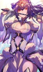 Rule 34 | 1girl, breasts, dress, fate/grand order, fate (series), fur-trimmed dress, fur trim, hair between eyes, headpiece, covered mouth, holding, holding wand, looking at viewer, march ab, medium breasts, purple dress, purple hair, purple ribbon, red eyes, ribbon, scathach (fate), scathach skadi (fate), solo, tiara, wand