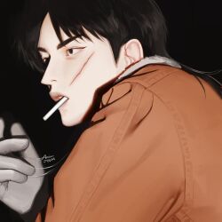 Rule 34 | 1boy, absurdres, black background, black eyes, black hair, bomber jacket, brown jacket, cigarette, commentary request, expressionless, facial scar, gloves, grey gloves, highres, itou kaiji, jacket, jyum 00, kaiji, korean commentary, long hair, looking afar, male focus, medium bangs, open mouth, realistic, scar, scar on cheek, scar on face, simple background, solo, upper body