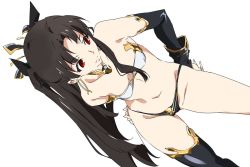 Rule 34 | 1girl, bandeau, breasts, brown hair, choker, contrapposto, crown, earrings, fate/grand order, fate (series), fingerless gloves, gloves, hand on own hip, hoop earrings, ishtar (fate), jewelry, long hair, navel, red eyes, sketch, small breasts, solo, umanosuke, white background