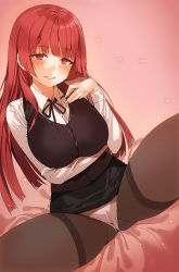 Rule 34 | 1girl, black pantyhose, blush, breast hold, breasts, cameltoe, crotch, dutch angle, grin, hahri&#039;s lumpy boardhouse, highres, large breasts, long hair, long sleeves, looking at viewer, mx2j, panties, pantyhose, pencil skirt, red eyes, red hair, simple background, sitting, skirt, smile, solo, spread legs, thighband pantyhose, underwear, untying, vest, white panties, won yesuh