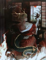 Rule 34 | 1girl, antlers, back tattoo, blonde hair, closed mouth, dragon girl, dragon horns, dragon tail, highres, horns, japanese clothes, katana, kicchou yachie, kimono, red eyes, short hair, sword, tail, tattoo, touhou, weapon, wide sleeves, xbsx