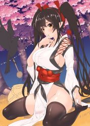 Rule 34 | 1girl, akanagi youto, alternate costume, bird, black thighhighs, breasts, brown hair, choko (cup), crow, cup, detached sleeves, highres, himekaidou hatate, japanese clothes, kourindou tengu costume, large breasts, long hair, no panties, obi, outdoors, parted lips, pelvic curtain, pointy ears, pom pom (clothes), sakazuki, sash, sideboob, sitting, solo, thighhighs, thighs, touhou, twintails, unfinished, very long hair, wariza, yellow eyes
