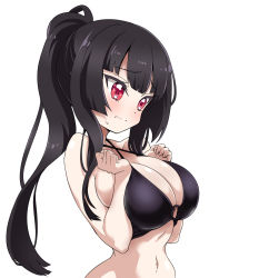 Rule 34 | 1girl, atre, bikini, black bikini, black hair, blush, breasts, cleavage, closed mouth, eyebrows hidden by hair, highres, jashin-chan dropkick, large breasts, long hair, navel, ponytail, red eyes, simple background, solo, swimsuit, upper body, white background
