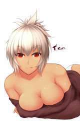 Rule 34 | 1girl, :p, bare shoulders, breast press, breasts, character name, cleavage, dark-skinned female, dark skin, eyebrows, female focus, hair between eyes, large breasts, league of legends, long sleeves, looking at viewer, lying, no bra, off shoulder, on stomach, panties, red eyes, riven (league of legends), ryu seung, simple background, solo, tongue, tongue out, underwear, white background, white hair, white panties