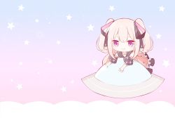 Rule 34 | 1girl, chibi, cloud, commentary, dress, frilled dress, frills, gradient background, hair ornament, highres, hoshifuri iku, looking at viewer, paancake7, pink hair, prism project, purple eyes, smile, solo, star (symbol), ufo, virtual youtuber