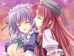 Rule 34 | 2girls, beret, blush, bow, braid, breasts, closed eyes, ear licking, earrings, embodiment of scarlet devil, female focus, hair bow, hat, highres, hong meiling, hoop earrings, izayoi sakuya, jewelry, licking, long hair, maid headdress, monety, multiple girls, nipples, open clothes, open mouth, profile, red hair, saliva, saliva trail, short hair, silver hair, simple background, sweat, touhou, twin braids, upper body, very long hair, yuri