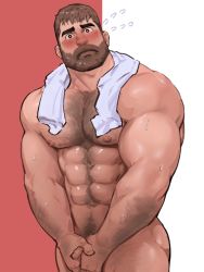 Rule 34 | 1boy, abs, ass, bara, beard, biceps, blush, brown hair, bulge, chest hair, covering privates, covering crotch, dopey (dopq), facial hair, flying sweatdrops, hairy, highres, large pectorals, male focus, muscular, naked towel, navel, navel hair, nipples, nude, original, pectorals, short hair, simple background, solo, thighs, towel, wet