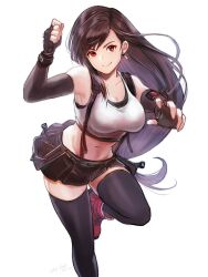Rule 34 | 1girl, bare shoulders, black bra, black gloves, black hair, black skirt, black thighhighs, bra, breasts, cleavage, clenched hand, collarbone, crop top, earrings, elbow gloves, elbow pads, final fantasy, final fantasy vii, final fantasy vii remake, fingerless gloves, foot out of frame, gloves, highres, jewelry, komugiko no mori, large breasts, long hair, looking at viewer, low-tied long hair, materia, midriff, miniskirt, navel, red eyes, red footwear, shirt, skirt, sleeveless, sleeveless shirt, smile, solo, sports bra, suspenders, swept bangs, thighhighs, tifa lockhart, underwear, white background, white shirt, zettai ryouiki