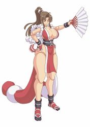 Rule 34 | 1girl, blush, breasts, brown hair, cleavage, curvy, doll joints, fatal fury, female focus, full body, great magami, hand fan, highres, japanese clothes, joints, large breasts, loincloth, long hair, ninja, pelvic curtain, ponytail, revealing clothes, ribbon, shiny skin, shiranui mai, simple background, smile, snk, solo, the king of fighters, white background, wide hips