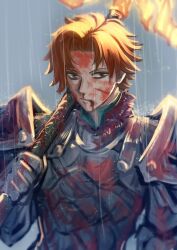 Rule 34 | 1boy, :/, armor, blood, blood from mouth, blood in hair, blood on clothes, blood on face, breastplate, brown eyes, closed mouth, cuts, fire emblem, fire emblem: three houses, hair intakes, hand up, high collar, highres, holding, holding polearm, holding weapon, injury, lance of ruin, liondance 0220, looking to the side, male focus, nintendo, orange hair, over shoulder, polearm, rain, short hair, shoulder armor, solo, sylvain jose gautier, upper body, weapon, weapon over shoulder