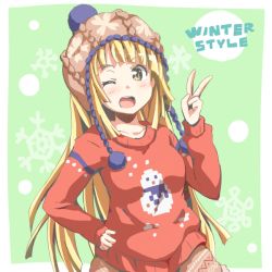 Rule 34 | 1girl, bang dream!, blonde hair, blush, brown hat, collarbone, english text, green background, hand on own hip, hat, knit hat, long sleeves, looking at viewer, one eye closed, open mouth, pom pom (clothes), print sweater, red sweater, riai (onsen), snowflake background, snowman print, solo, sweater, tsurumaki kokoro, v, yellow eyes