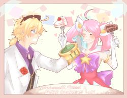 Rule 34 | bow, cake, eating, elbow gloves, closed eyes, ezreal, food, fork, gloves, league of legends, lux (league of legends), magical girl, otani (kota12ro08), pink hair, star guardian (league of legends), star guardian lux, twintails