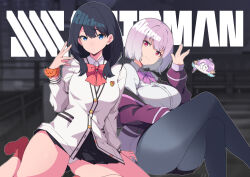 Rule 34 | 2girls, absurdres, anchorage akiko, black hair, black skirt, blue eyes, blurry, blurry background, bow, breasts, closed mouth, collared shirt, commentary request, copyright name, crossed legs, depth of field, dress shirt, feet out of frame, grey pantyhose, gridman universe, hair between eyes, hand up, highres, jacket, large breasts, long hair, long sleeves, multiple girls, no shoes, off shoulder, open clothes, open jacket, panties, pantyhose, pink bow, pleated skirt, puffy long sleeves, puffy sleeves, purple hair, purple jacket, red bow, red eyes, red socks, shinjou akane, shirt, short hair, skirt, socks, ssss.gridman, takarada rikka, underwear, white jacket, white panties, white shirt