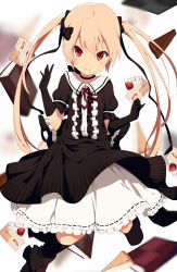 Rule 34 | 1girl, black gloves, blurry, book, cake, choker, elbow gloves, food, gloves, gothic lolita, hair ribbon, jumping, lolita fashion, ogipote, original, parody, pink hair, red eyes, ribbon, solo, style parody, twintails