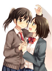 Rule 34 | 2girls, against wall, black hair, blazer, blush, bow, bowtie, brown eyes, brown hair, cardigan, dress shirt, eye contact, female focus, hachiko (hati12), holding hands, happy, imminent kiss, jacket, looking at another, multiple girls, necktie, open mouth, original, ponytail, school uniform, shadow, shirt, short hair, skirt, smile, sweater, yuri
