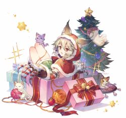 Rule 34 | 1girl, :d, animal ears, bauble, boots, box, capelet, christmas, christmas ornaments, christmas tree, claw (weapon), detached sleeves, ears through headwear, entangled, erune, fur-trimmed boots, fur-trimmed capelet, fur-trimmed hood, fur-trimmed sleeves, fur trim, gift, gift box, granblue fantasy, grey hair, hair between eyes, hood, hood up, hooded capelet, in box, in container, knees up, looking at viewer, looking to the side, miniskirt, open mouth, plant, potted plant, red capelet, red eyes, red footwear, red hood, rug, sen (granblue fantasy), skirt, smile, soriya, sparkle, star (symbol), striped, tassel, tinsel, weapon, white background, yarn, yarn ball