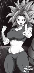 Rule 34 | 1girl, abs, artist name, breasts, clenched hand, crop top, dragon ball, dragon ball super, earrings, covered erect nipples, greyscale, highres, jewelry, kefla (dragon ball), leggings, medium breasts, midriff, monochrome, muscular, muscular female, open mouth, pants, pointing, short sleeves, smile, solo, spiked hair, stomach, tensa-zangitsu, toned, vambraces