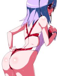 Rule 34 | 1girl, :o, ass, blue hair, blush, competition swimsuit, long hair, looking back, miuku (marine sapphire), one-piece swimsuit, one-piece thong, original, purple eyes, simple background, solo, swimsuit, white background