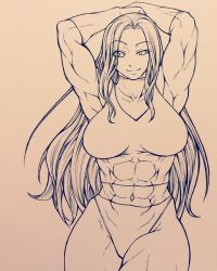 Rule 34 | 1girl, abs, animification, breasts, chiba toshirou, female focus, highres, ink (medium), jennifer walters, large breasts, leotard, long hair, marvel, monochrome, muscular, she-hulk, simple background, skin tight, smile, solo, traditional media
