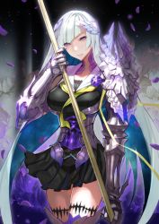 Rule 34 | 1girl, armor, brynhildr (fate), fate/grand order, fate/prototype, fate/prototype: fragments of blue and silver, fate (series), gauntlets, holding, holding weapon, long hair, looking at viewer, mingou91, petals, polearm, purple eyes, silver hair, solo, spear, very long hair, weapon