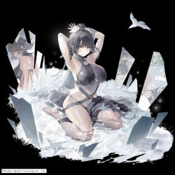 Rule 34 | 1girl, armpits, arms up, bare shoulders, barefoot, bird, black background, breasts, broken glass, chain, commentary request, copyright notice, different reflection, earrings, full body, girls&#039; frontline, girls&#039; frontline neural cloud, glass, grey hair, grey one-piece swimsuit, hair ribbon, halterneck, highres, jewelry, large breasts, looking at viewer, mole, mole under mouth, nora (neural cloud), official alternate costume, official art, one-piece swimsuit, partially submerged, purple eyes, reflection, ribbon, seagull, short hair, sitting, smile, starfish, swimsuit, t lege d, thighs, wariza, water, wet