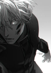 Rule 34 | 1boy, absurdres, blood, blood on face, cowboy shot, email2140, glowing, glowing eye, gojou satoru, gradient background, greyscale, highres, jacket, jujutsu kaisen, long sleeves, male focus, monochrome, open mouth, short hair, solo, standing