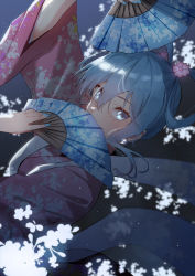 Rule 34 | 1girl, arm up, blue eyes, blue hair, blue nails, covering own mouth, dual wielding, floating hair, floral background, flower, folding fan, from side, hair between eyes, hair flower, hair ornament, hair rings, hand fan, hand up, highres, holding, holding fan, hololive, hoshimachi suisei, japanese clothes, kimono, light blue hair, nail polish, pink flower, pink kimono, saco (cgmore), tanabata, upper body, virtual youtuber, yukata