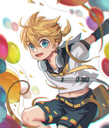 Rule 34 | 1boy, absurdres, blonde hair, blue eyes, chromatic aberration, commentary, detached sleeves, english commentary, hair ornament, hairclip, highres, kagamine len, looking at viewer, male focus, midriff peek, navel, necktie, open mouth, sailor collar, short hair, shorts, smile, vocaloid, whinghope