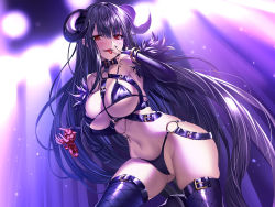 Rule 34 | 1girl, :p, armpits, between breasts, bikini, black bikini, black thighhighs, breasts, bridal gauntlets, collar, dutch angle, elbow gloves, finger to mouth, fingerless gloves, fingernails, fishnet thighhighs, fishnets, fur trim, gloves, gluteal fold, heirou, highleg, highleg bikini, highres, horns, jewelry, large breasts, leg up, long hair, looking at viewer, navel, necklace, non-web source, o-ring, o-ring bikini, o-ring bottom, o-ring top, original, purple bikini, purple gloves, purple hair, purple thighhighs, red eyes, rosary, sharp fingernails, skindentation, slit pupils, smile, solo, stomach, string bikini, swimsuit, thighhighs, tongue, tongue out, v-shaped eyebrows, very long hair
