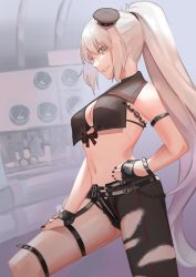 Rule 34 | 1girl, absurdres, arm belt, asymmetrical clothes, bikini, bikini top only, black bikini, black gloves, black nails, black pants, breasts, chain, cleavage, fate/grand order, fate (series), fingerless gloves, from side, gloves, grey headwear, grin, hair between eyes, hand on leg, high ponytail, highres, indoors, jeanne d&#039;arc (fate), jeanne d&#039;arc alter (fate), jeanne d&#039;arc alter (mystery treasure) (fate), long hair, medium breasts, midriff, mystery treasure, nail polish, navel, official alternate costume, pants, silver hair, single pantsleg, smile, solo, standing, stomach, swimsuit, thigh strap, torn clothes, torn legwear, torn pants, toxic sun, very long hair, yellow eyes