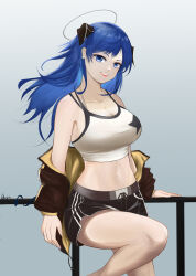 Rule 34 | 1girl, absurdres, arknights, bare shoulders, black jacket, black shorts, blue eyes, blue hair, breasts, camisole, cleavage, commentary, crop top, gradient background, grey background, grin, halo, head tilt, highres, horns, jacket, kang hakeem, large breasts, long hair, looking at viewer, midriff, mostima (arknights), navel, off shoulder, official alternate costume, pink lips, short shorts, shorts, smile, solo, spaghetti strap, sports bra, standing, stomach, thighs