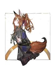 Rule 34 | 1girl, animal ear fluff, animal ears, arknights, badge, black legwear, blush, breasts, brown hair, commentary request, fox ears, fox tail, franka (arknights), from side, gesture, hair between eyes, hair ornament, highres, long hair, long sleeves, looking at viewer, pipidan, ponytail, red eyes, simple background, skirt, smile, solo, striped clothes, striped sweater, sweater, tail, tongue, tongue out, turtleneck, upper body, vertical stripes, watermark, white background