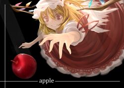 Rule 34 | 1girl, ankh (ankh 05), apple, black background, blonde hair, dark background, english text, flandre scarlet, food, fruit, glowing, glowing wings, hat, lace, lace-trimmed skirt, lace trim, looking at food, mob cap, multicolored wings, puffy short sleeves, puffy sleeves, red apple, red eyes, red skirt, red vest, shirt, short sleeves, simple background, skirt, sleeve ribbon, solo, touhou, vest, white hat, white shirt, wings