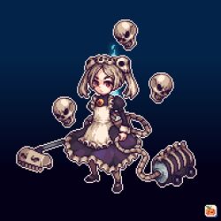 Rule 34 | 1girl, apron, black dress, bloody marie (skullgirls), blue fire, dress, fire, full body, gradient background, hair ornament, holding, holding vacuum cleaner, maid headdress, pennyroyal, pixel art, red eyes, skull, skull hair ornament, skullgirls, solo, standing, twintails, white apron, white hair