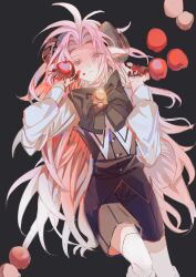 Rule 34 | 1705 du, 1boy, alternate costume, apple, bell, black background, black ribbon, black shorts, black vest, blood, blood on hands, chinese commentary, closed mouth, commentary request, curled horns, food, frown, fruit, hatsutori hajime, highres, holding, holding food, holding fruit, horns, long hair, long sleeves, lying, male focus, neck bell, neck ribbon, on back, parted bangs, pink hair, red eyes, ribbon, saibou shinkyoku, shirt, shorts, solo, thighhighs, vest, white shirt, white thighhighs