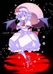 Rule 34 | 1girl, :&gt;, ascot, bat wings, character name, female focus, floating, flower, frilled skirt, frills, full body, hat, high heels, light purple hair, parasol, petticoat, red eyes, remilia scarlet, shoes, short hair, short sleeves, skirt, skirt set, slit pupils, solo, touhou, umbrella, wings, xingna