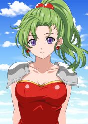 Rule 34 | 1girl, absurdres, armor, arms at sides, blue sky, breasts, cleavage, collarbone, commentary request, dress, earrings, final fantasy, final fantasy vi, green hair, hair bobbles, hair ornament, highres, jewelry, medium breasts, ponytail, purple eyes, red dress, shoulder armor, sky, smile, solo, strapless, tina branford, yuuyuu (3jjbn)