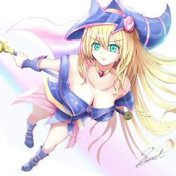 Rule 34 | 1girl, absurdres, aqua eyes, blonde hair, blue dress, blue footwear, blue hat, blush, blush stickers, boots, breasts, cape, choker, cleavage, collarbone, dark magician girl, dress, duel monster, full body, hair between eyes, hat, hexagram, highres, jewelry, long hair, looking at viewer, medium breasts, necklace, peace7322, pentagram, pink skirt, signature, skirt, smile, solo, staff, wand, wizard hat, yu-gi-oh!, yu-gi-oh! duel monsters