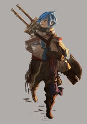 Rule 34 | 1boy, black gloves, blue eyes, blue hair, brown footwear, cloak, closed mouth, gloves, grey background, highres, male focus, nemoto yuuma, original, pouch, simple background, sketch, smile, solo, sword, walking, weapon, weapon on back
