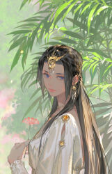 Rule 34 | 1girl, black hair, blue eyes, closed mouth, dress, earrings, flower, forehead jewel, highres, holding, holding flower, ibuki satsuki, jewelry, leaf, long hair, looking to the side, necklace, original, outdoors, parted bangs, sidelocks, solo, tree, upper body, white dress