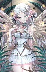 Rule 34 | 1girl, angel, angel wings, blue eyes, chocolate4170615, closed mouth, dress, facing viewer, feathered wings, flower, grey hair, hair flower, hair ornament, highres, leaf, light bulb, original, pink flower, pink rose, rose, short dress, smile, solo, thigh strap, white dress, wings