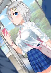 Rule 34 | 10s, 1girl, arm at side, between breasts, blouse, blue eyes, blue skirt, blurry, breasts, casual, cellphone, depth of field, dutch angle, eyes visible through hair, from side, hair over one eye, hamakaze (kancolle), holding, holding phone, kantai collection, large breasts, looking at viewer, phone, plaid, plaid skirt, pleated skirt, shirt, short hair, silver hair, skirt, smartphone, solo, strap between breasts, train interior, white shirt, yasuto (eria151)