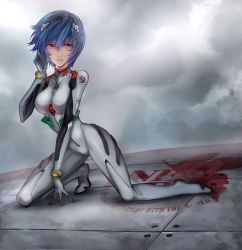 Rule 34 | 1girl, arm support, ayanami rei, bai wang, blue hair, bodysuit, breasts, closed mouth, cloud, cloudy sky, english text, full body, grey bodysuit, hand to head, headgear, highres, interface headset, kneeling, looking at viewer, medium breasts, neon genesis evangelion, nerv, pilot suit, plugsuit, red eyes, short hair, sky, solo