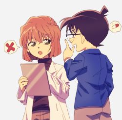 1boy 1girl :d bad_id bad_pixiv_id black-framed_eyewear black_sweater blue_jacket brown_hair brown_pants child edogawa_conan glasses green_eyes hage_ta haibara_ai hair_between_eyes hands_in_pockets jacket lab_coat long_sleeves meitantei_conan open_mouth over-rim_eyewear pants semi-rimless_eyewear short_hair smile speech_bubble standing sweater turtleneck turtleneck_sweater