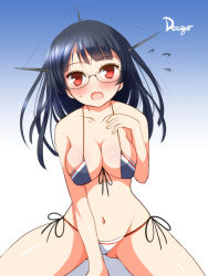 Rule 34 | 10s, 1girl, bikini, blue hair, blush, breasts, choukai (kancolle), deego (omochi bazooka), glasses, kantai collection, long hair, looking at viewer, open mouth, red eyes, solo, swimsuit