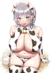 Rule 34 | 1girl, 1nilla&#039;, animal costume, animal ears, animal print, arm support, bell, bikini, blush, bottle, braid, breasts, cleavage, collar, collarbone, cow costume, cow ears, cow girl, cow horns, cow print, elbow gloves, gloves, green eyes, hair between eyes, highres, hololive, horns, huge breasts, large breasts, long hair, looking at viewer, milk bottle, navel, neck bell, open mouth, print gloves, shirogane noel, shirogane noel (casual), silver hair, sitting, smile, solo, stomach, swimsuit, thighhighs, virtual youtuber