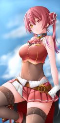 Rule 34 | 1girl, absurdres, ascot, bare shoulders, belt, black choker, black thighhighs, blue sky, blush, breasts, brooch, brown belt, brown thighhighs, choker, cleavage, cloud, cropped jacket, frilled choker, frilled shirt collar, frills, gloves, gold trim, hair ribbon, heterochromia, highres, hololive, houshou marine, jacket, jewelry, lace, lace-trimmed legwear, lace trim, large breasts, lassu558, leather belt, leotard, leotard under clothes, long hair, looking at viewer, miniskirt, open mouth, parted lips, pleated skirt, red ascot, red eyes, red hair, red jacket, red ribbon, red skirt, ribbon, see-through, see-through cleavage, see-through leotard, skirt, sky, sleeveless, sleeveless jacket, smile, solo, thighhighs, twintails, virtual youtuber, white gloves, yellow eyes